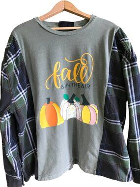 Upcycled Autumn Flannel Shirt, Reworked Oversized Pumpkins Graphic, Plus Size